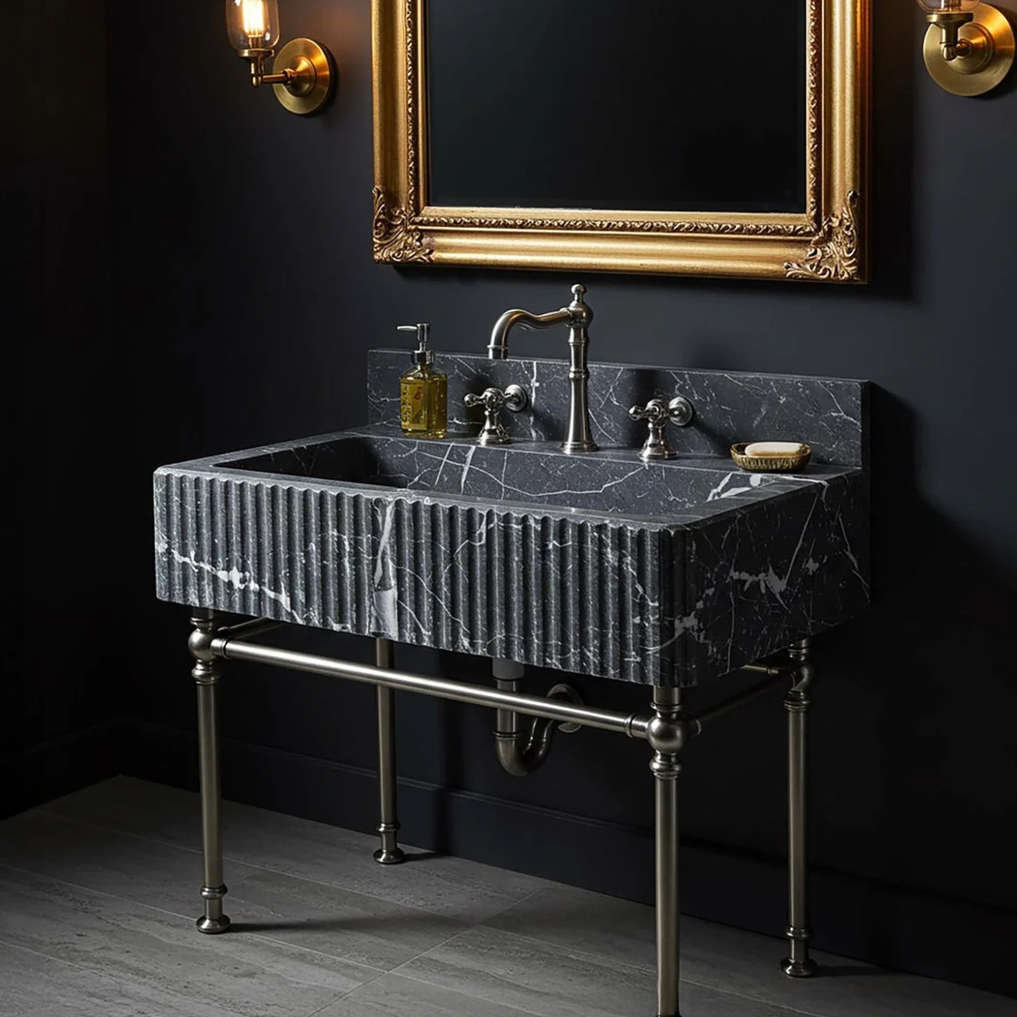 Fluted Black Marble Vanity Sink with Gold Hardware