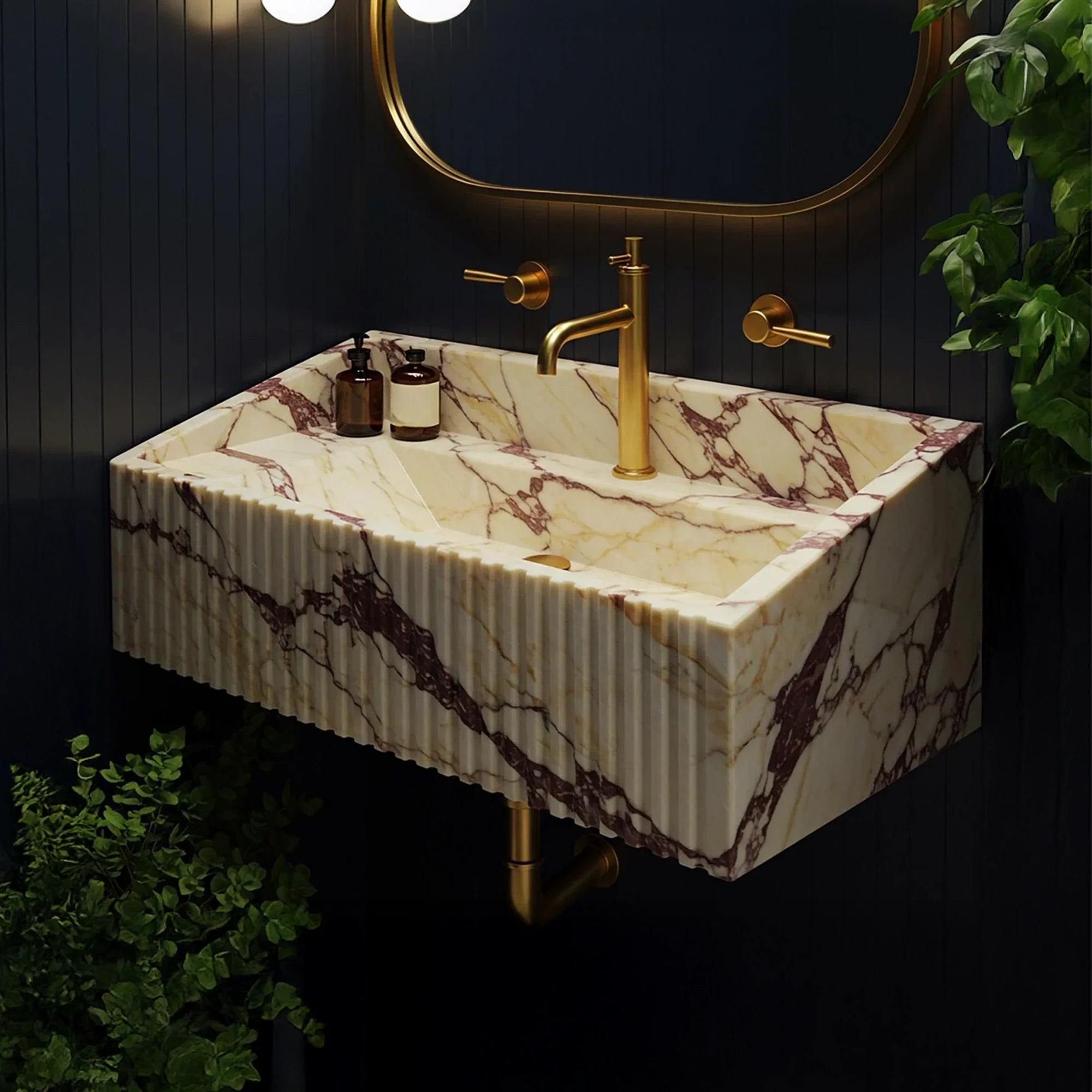 Fluted Calacatta Viola Marble Sink - Elegant Wall Mounted Vanity