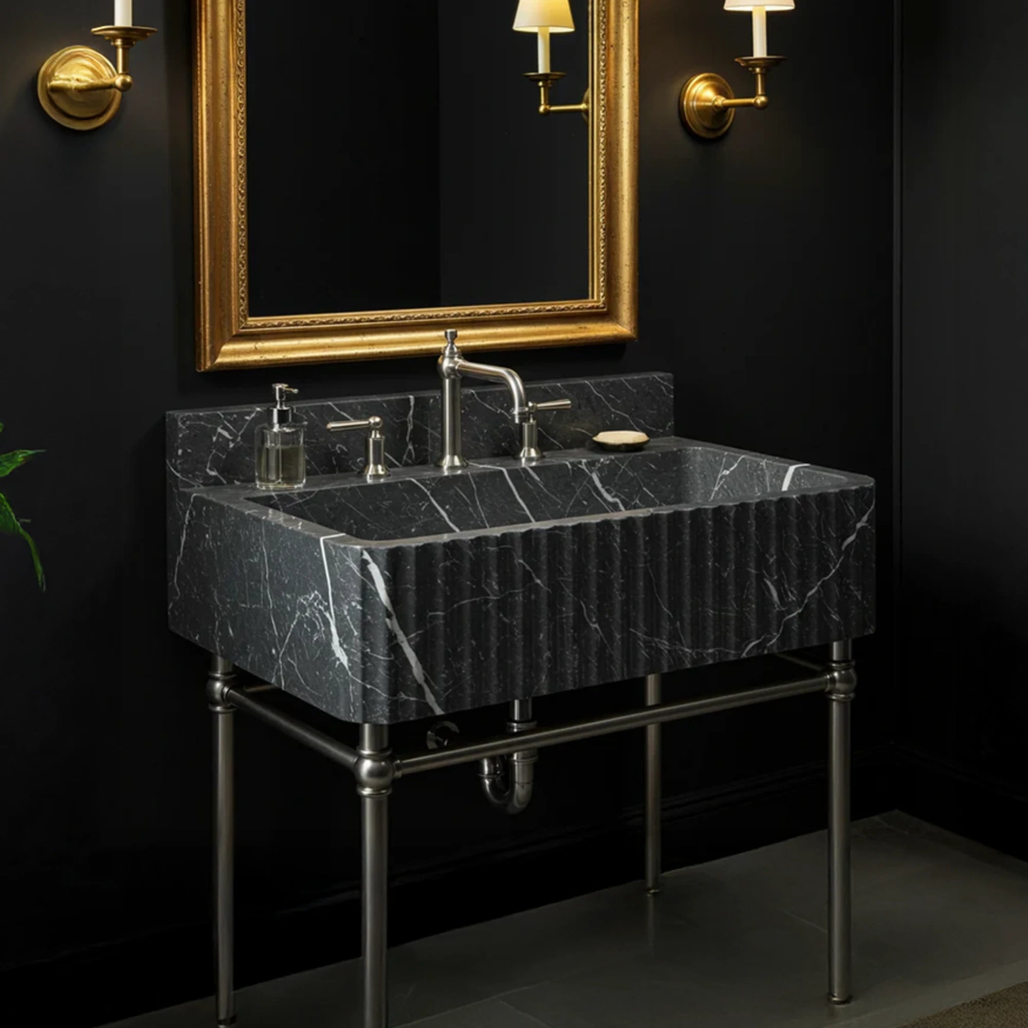 black marble sink with fluted apron design
