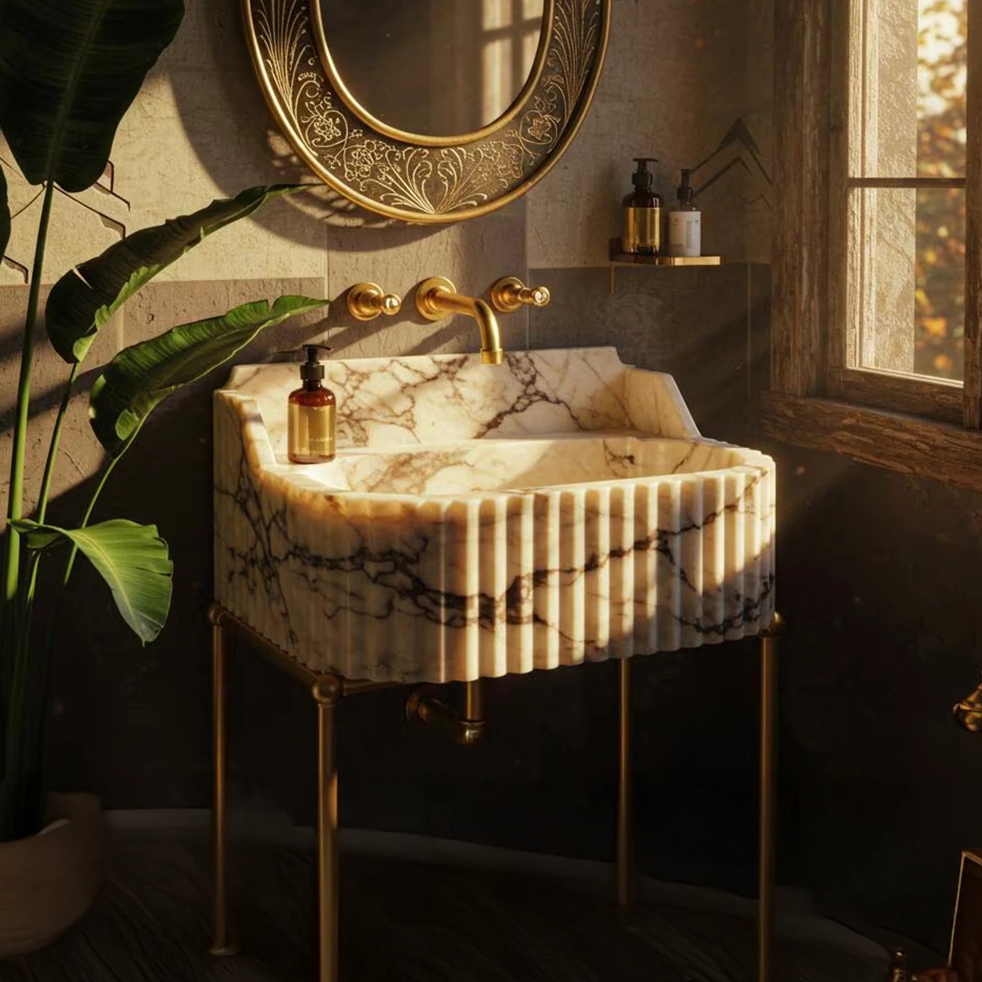 Calacatta fluted marble wall-mounted vanity sink paired with brass hardware, highlighting rich natural veining and sophisticated modern design.