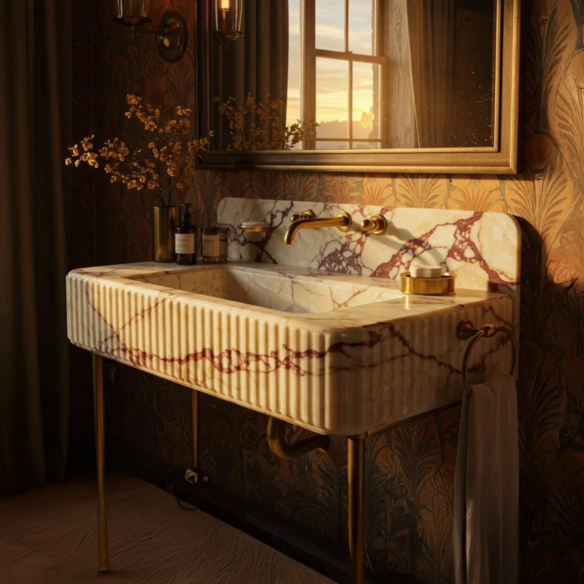 Calacatta Viola fluted marble sink installed with elegant metal base and brass fixtures, highlighting dramatic violet veining in a sophisticated bathroom setting.
