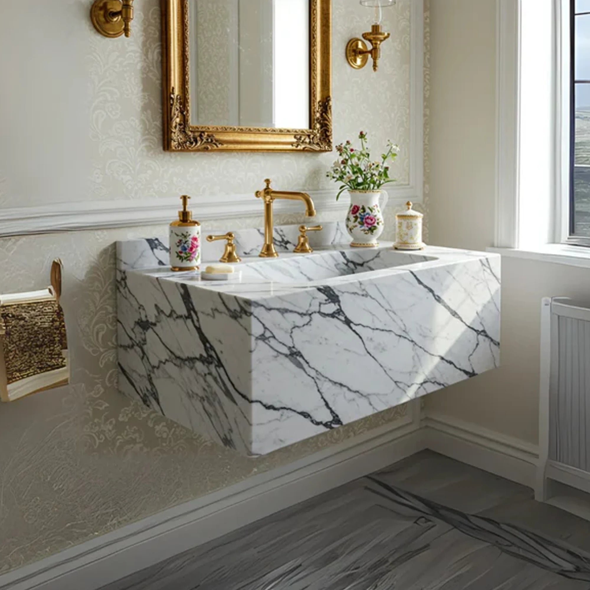 floating calacatta marble sink with gold fixtures