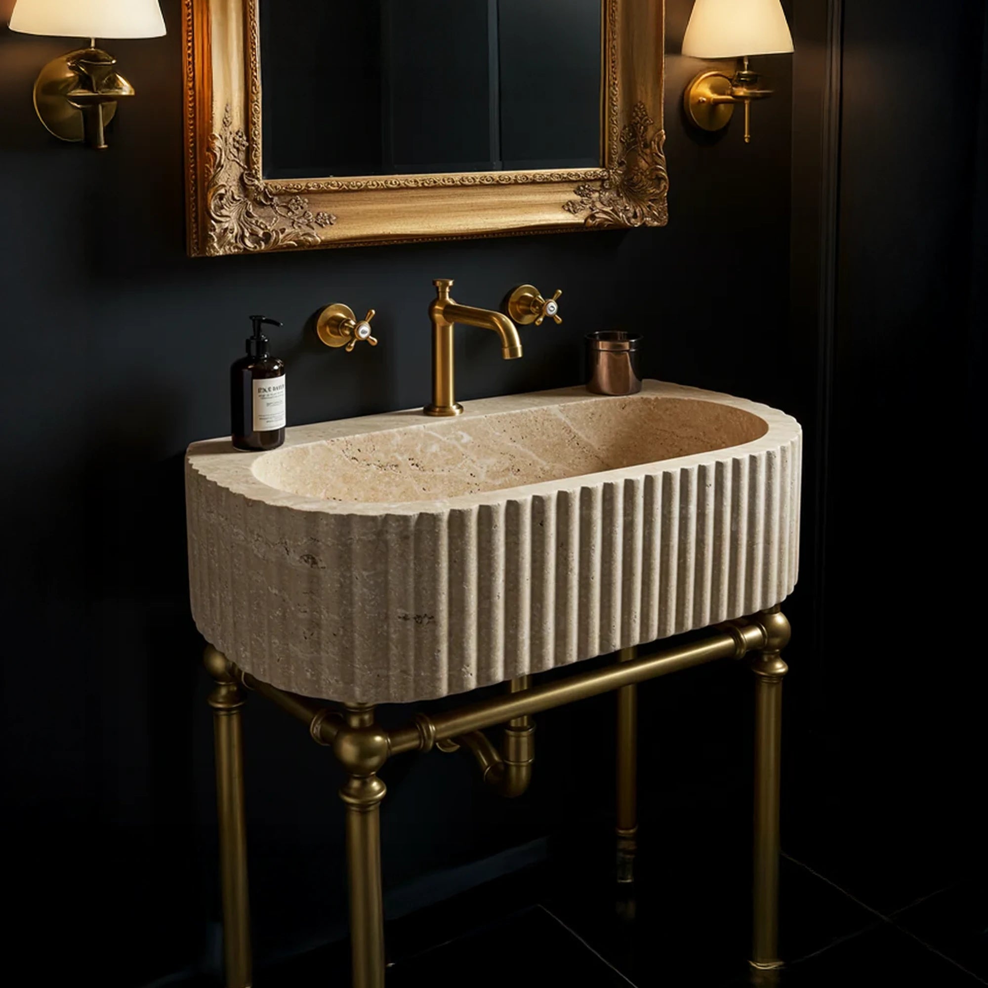 fluted travertine capsule basin