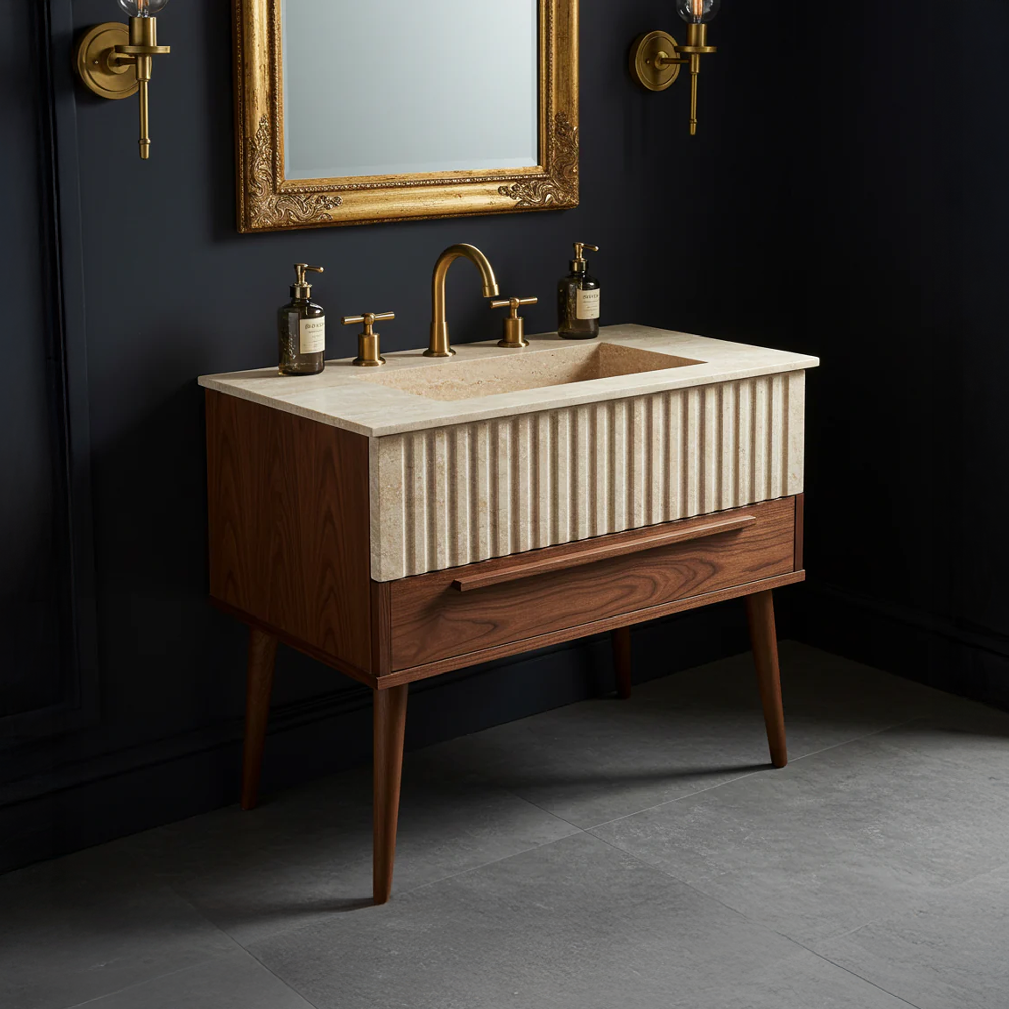 mid century fluted travertine sink with walnut cabinet