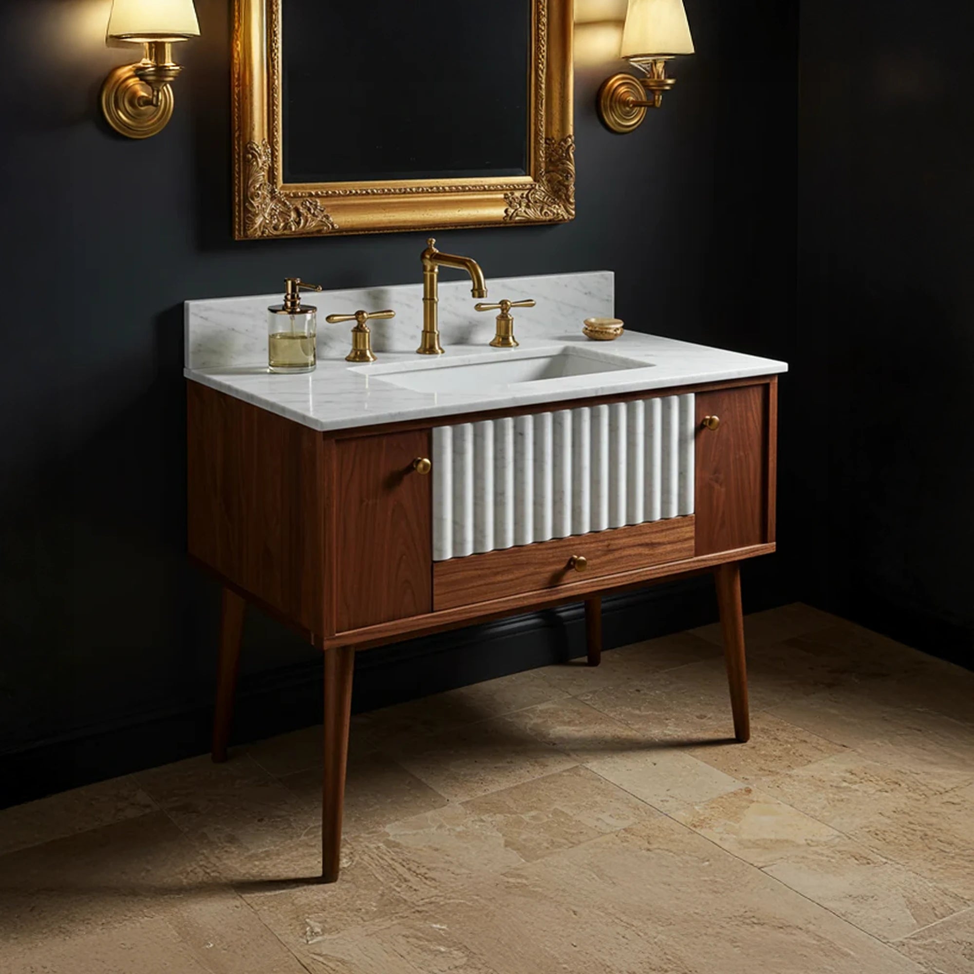 mixed wood and travertine sink with fluted detail