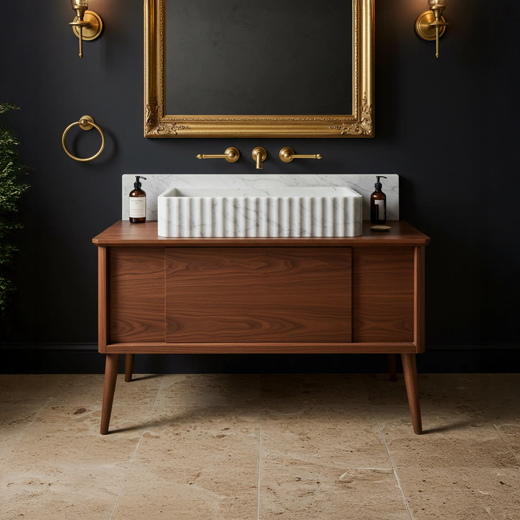 modern bathroom vanity with fluted marble basin
