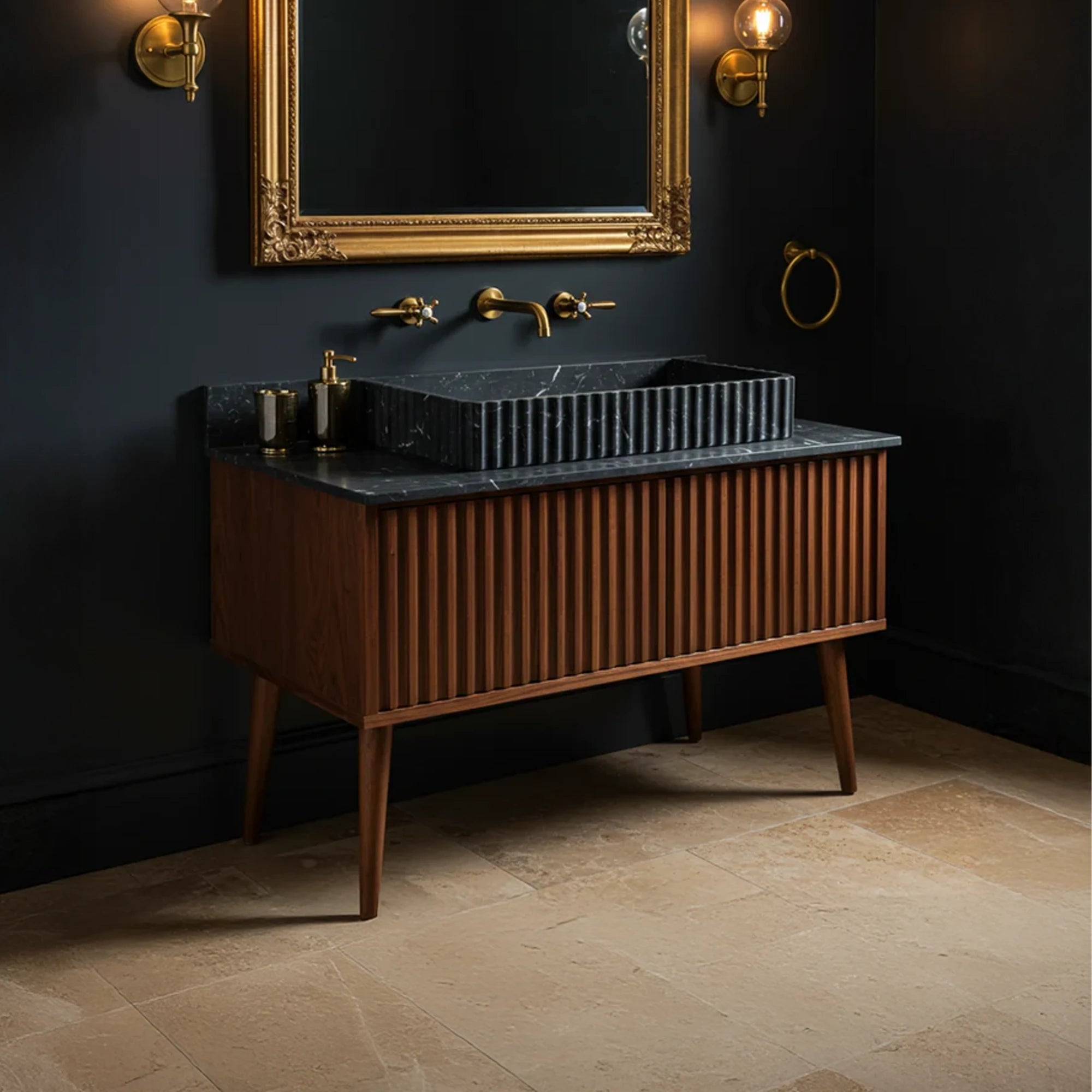 modern fluted vanity with black marble basin