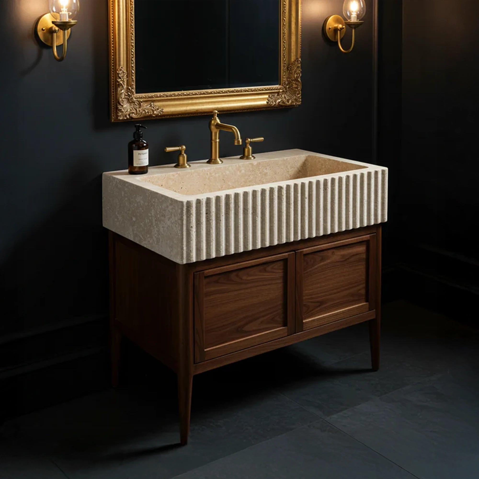 rectangular fluted travertine sink with wood base