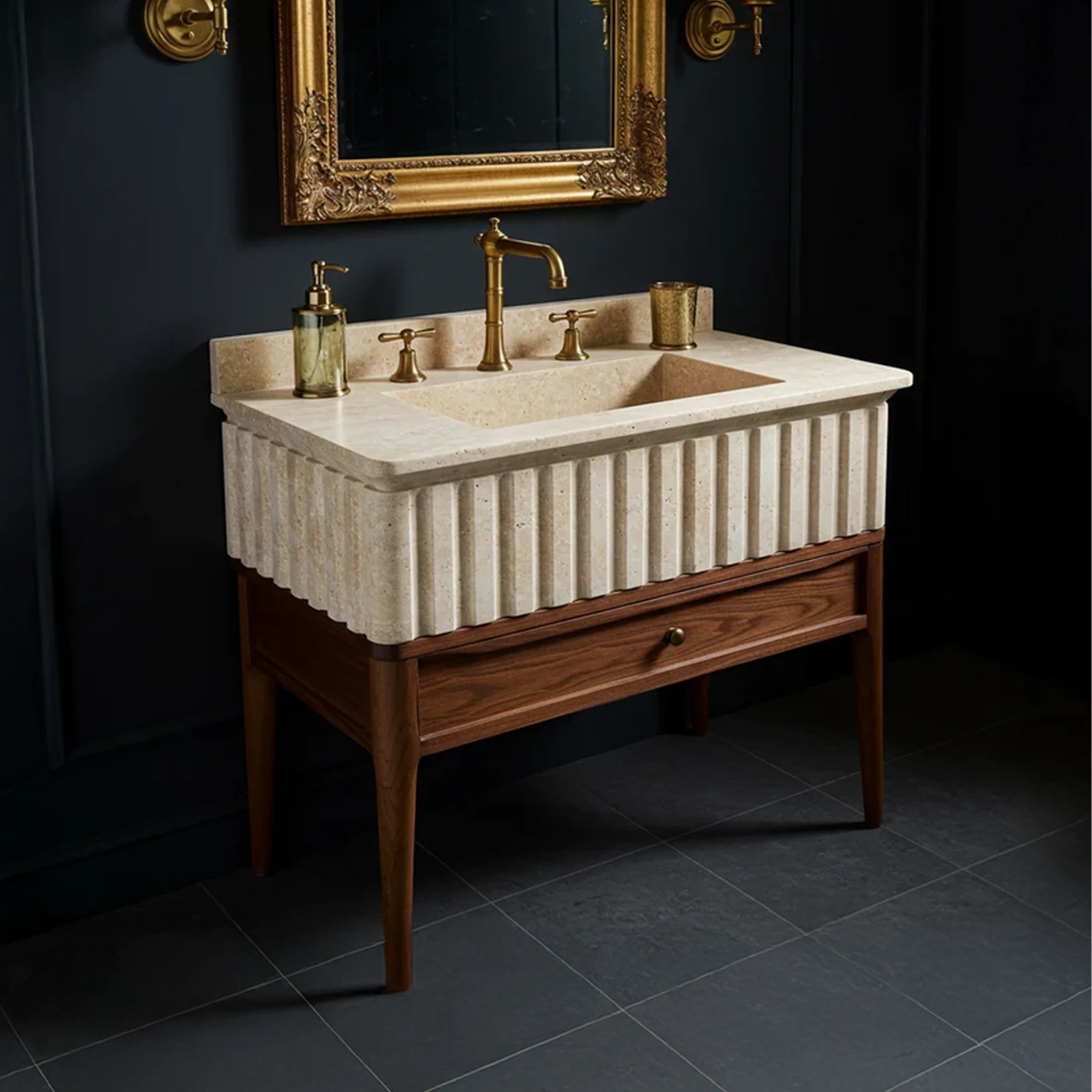 travertine sink with fluted sides and beveled top