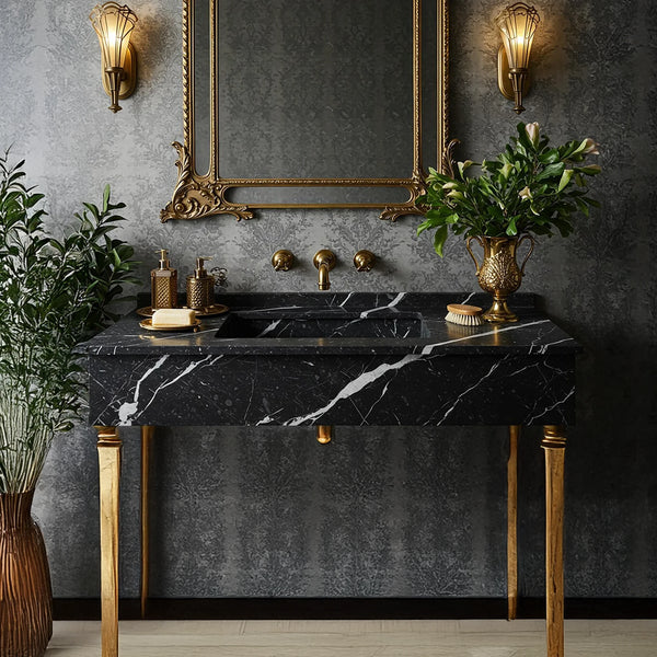 Pietre Notte Black Marble Sink with Metal Base - Wall Mount or Freestanding hover