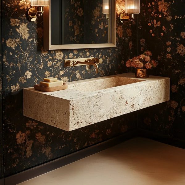 Bespoke Travertine Wall Sink - Champagne Beige Marble Basin hover