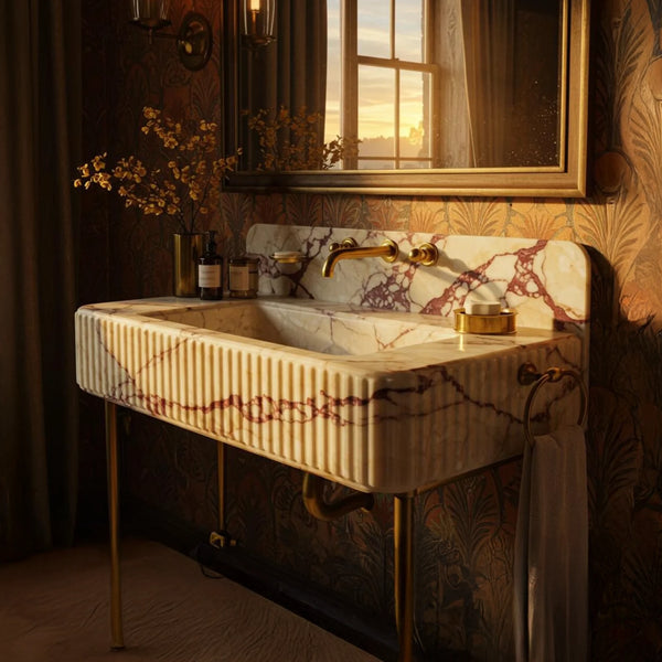 Calacatta Viola Fluted Marble Sink with Metal Base hover