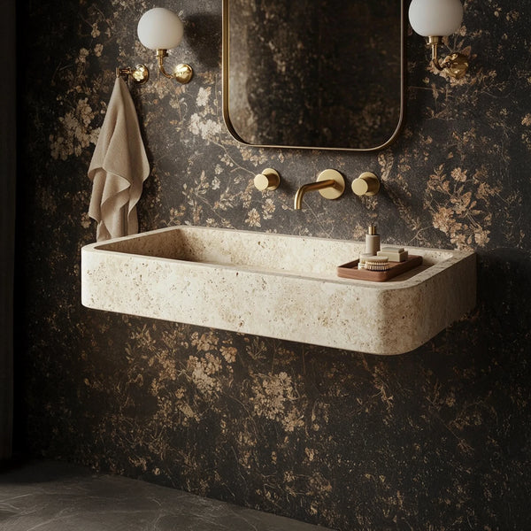 Champagne Beige Travertine Sink - Wall Mounted Marble Basin hover