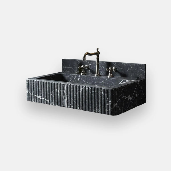 Fluted Black Marble Vanity Sink with Gold Hardware