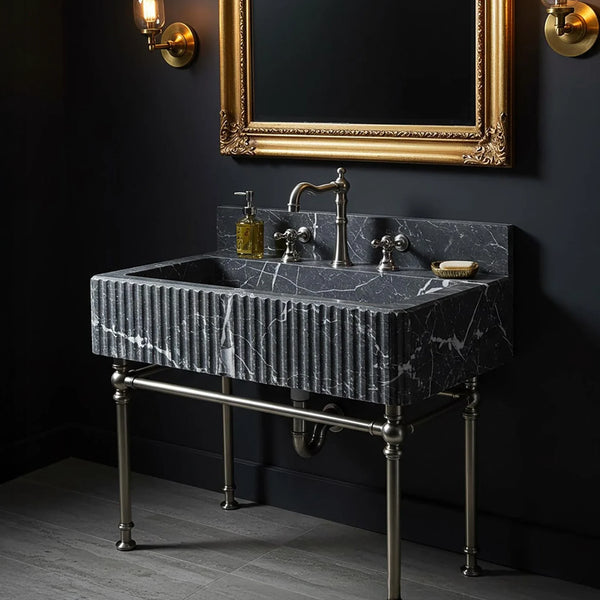 Fluted Black Marble Vanity Sink with Gold Hardware hover