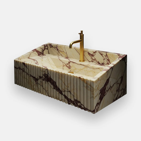 Fluted Calacatta Viola Marble Sink - Elegant Wall Mounted Vanity