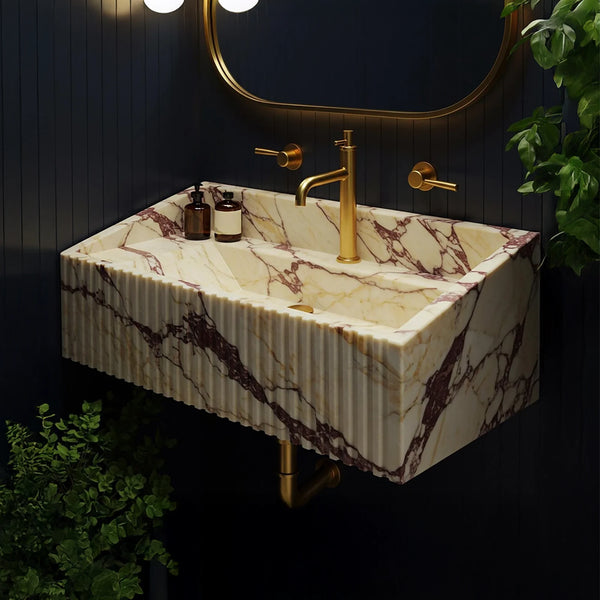 Fluted Calacatta Viola Marble Sink - Elegant Wall Mounted Vanity hover