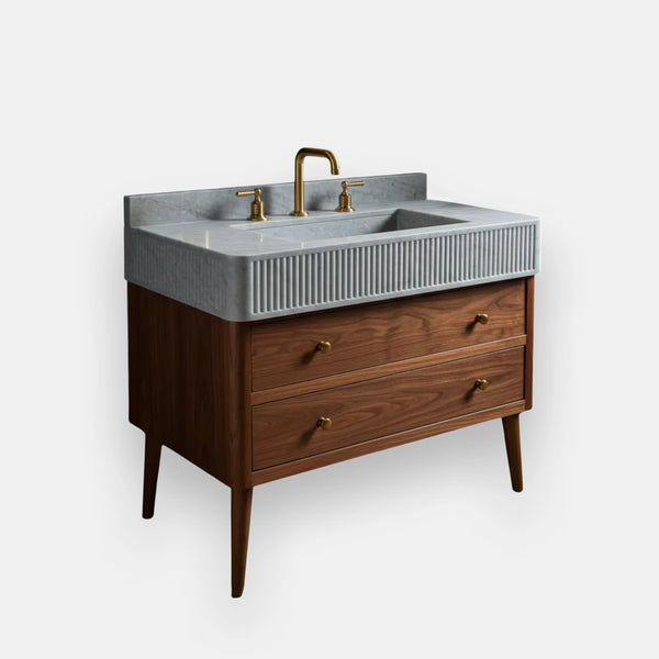 Fluted Carrara Marble Sink with Oak Vanity Set
