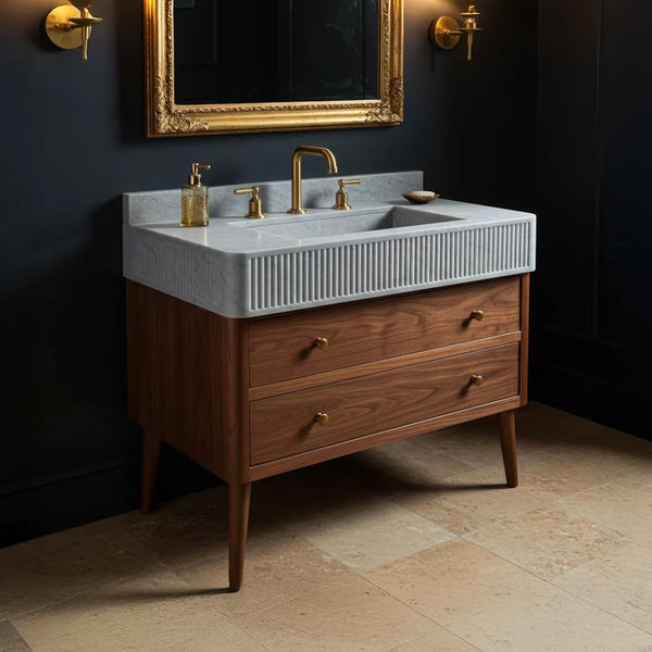 Fluted Carrara Marble Sink with Oak Vanity Set hover