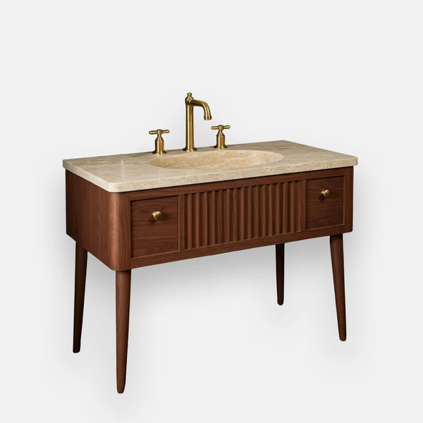 Fluted Marble Sink with Oak Vanity - Mid-Century Console