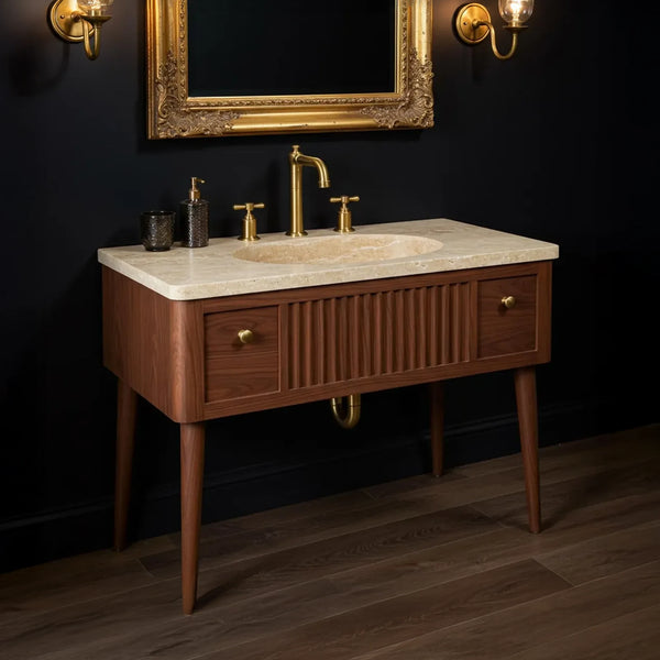 Fluted Marble Sink with Oak Vanity - Mid-Century Console hover