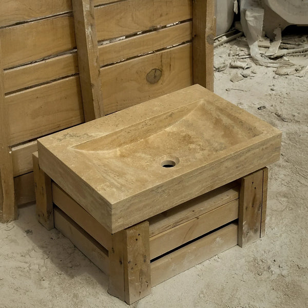 Hand Carved Travertine Marble Sink with Custom Vanity hover