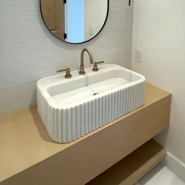 Handcrafted Marble Sink with Floating Wall-Mounted Vanity hover