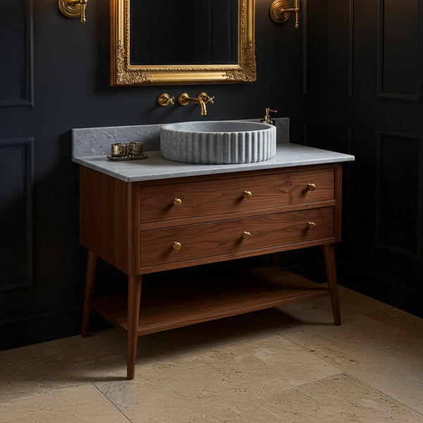Solid Wood Vanity with Fluted Marble Sink and Brass Fixtures hover