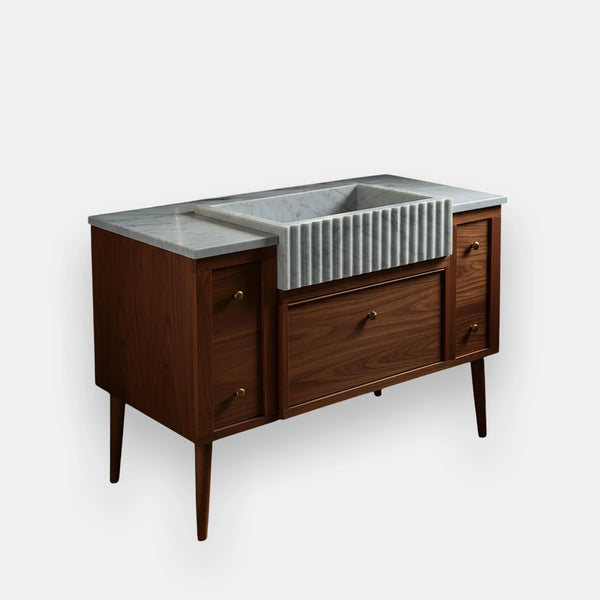 Oak and Marble Vanity with Fluted Sink and Brass Fixtures