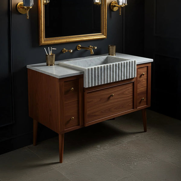 Oak and Marble Vanity with Fluted Sink and Brass Fixtures hover