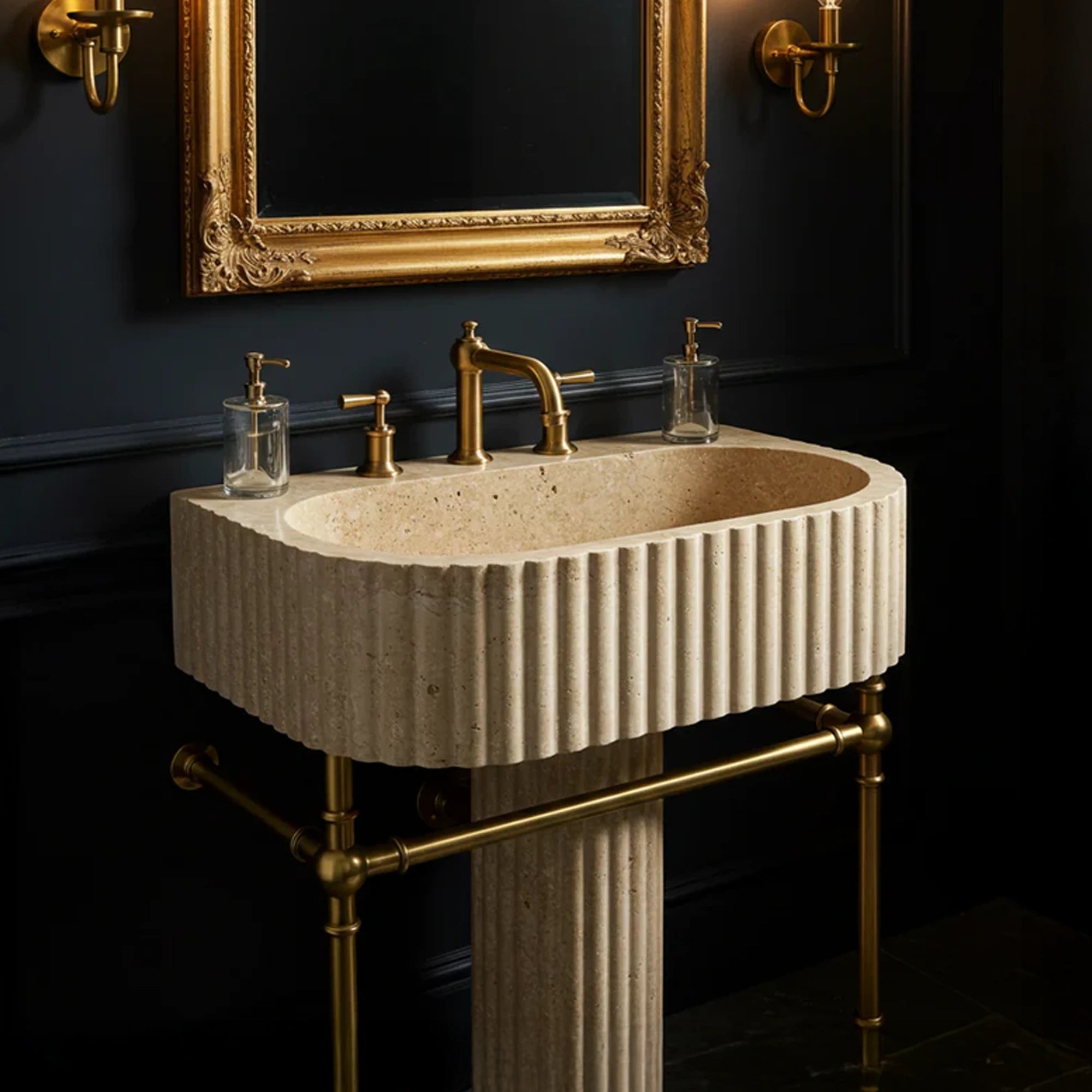 beige natural stone freestanding ribbed basin