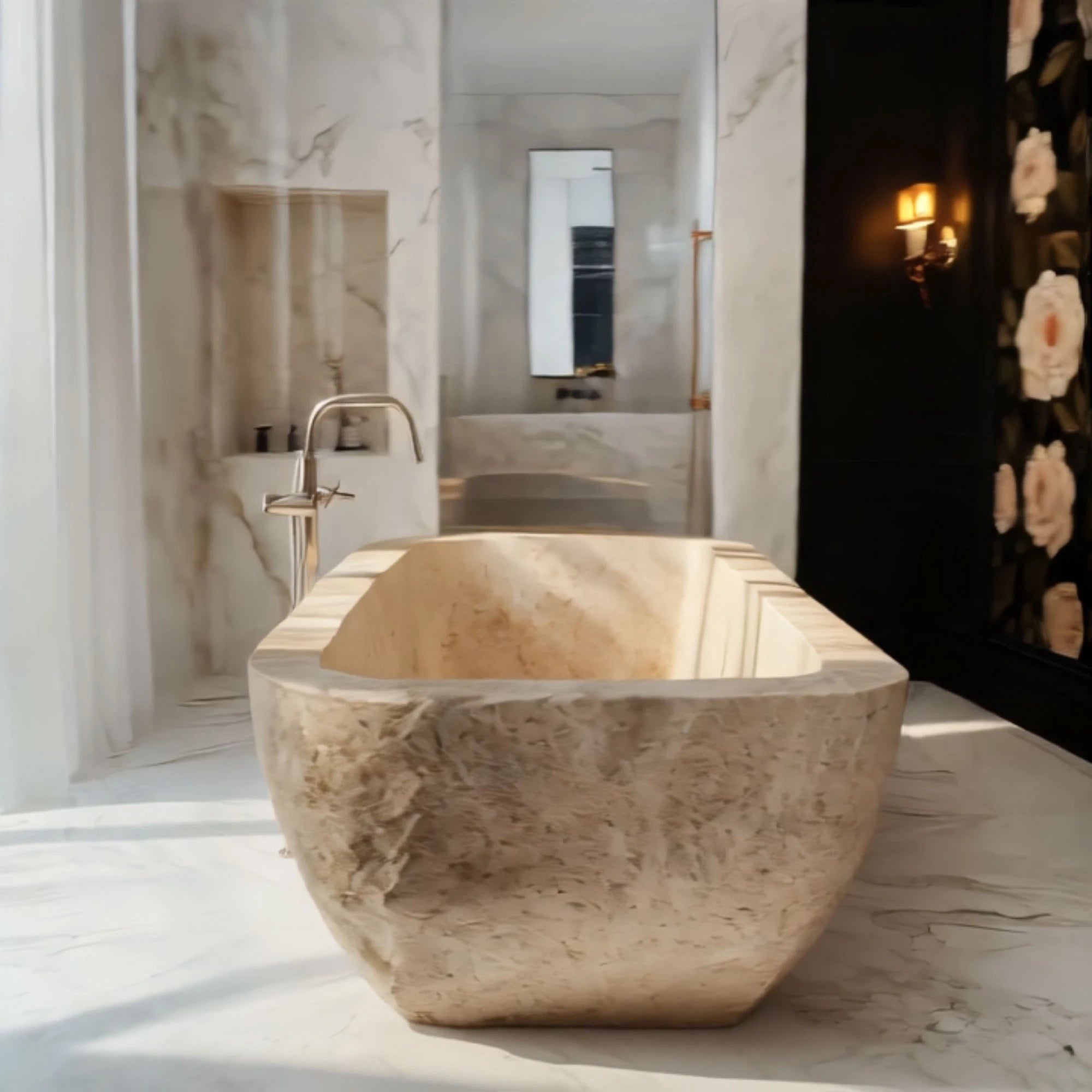 This image shows a beige rustic marble bathtub with a natural textured look, creating a warm and organic spa atmosphere.