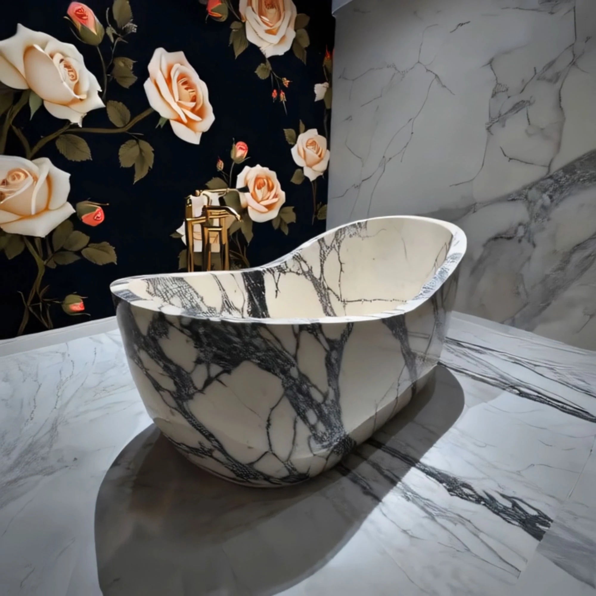This image shows a black and white veined marble bathtub, offering a striking natural stone look for elegant bathroom design.