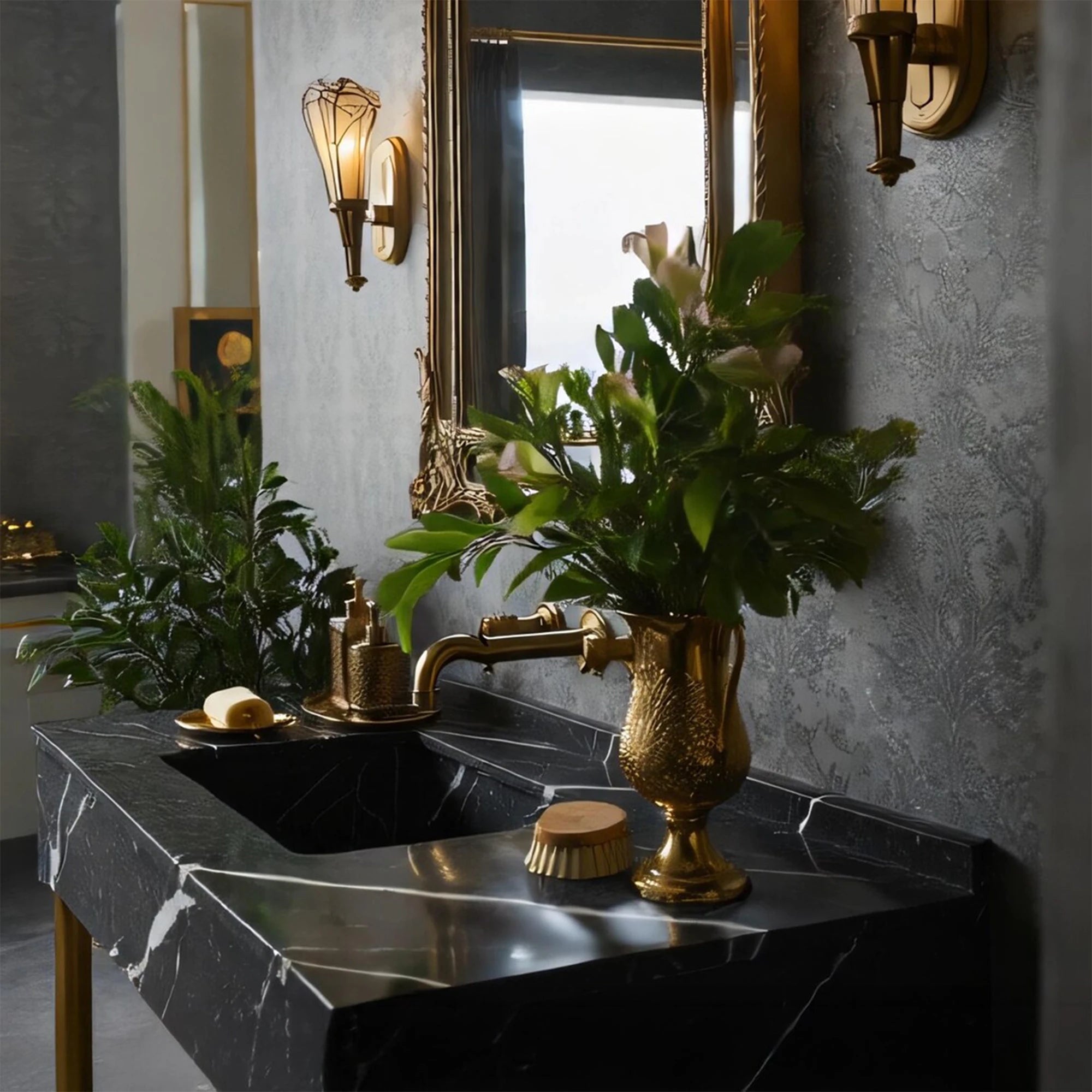 black marble baygara sink with metal stand for wall or floor install