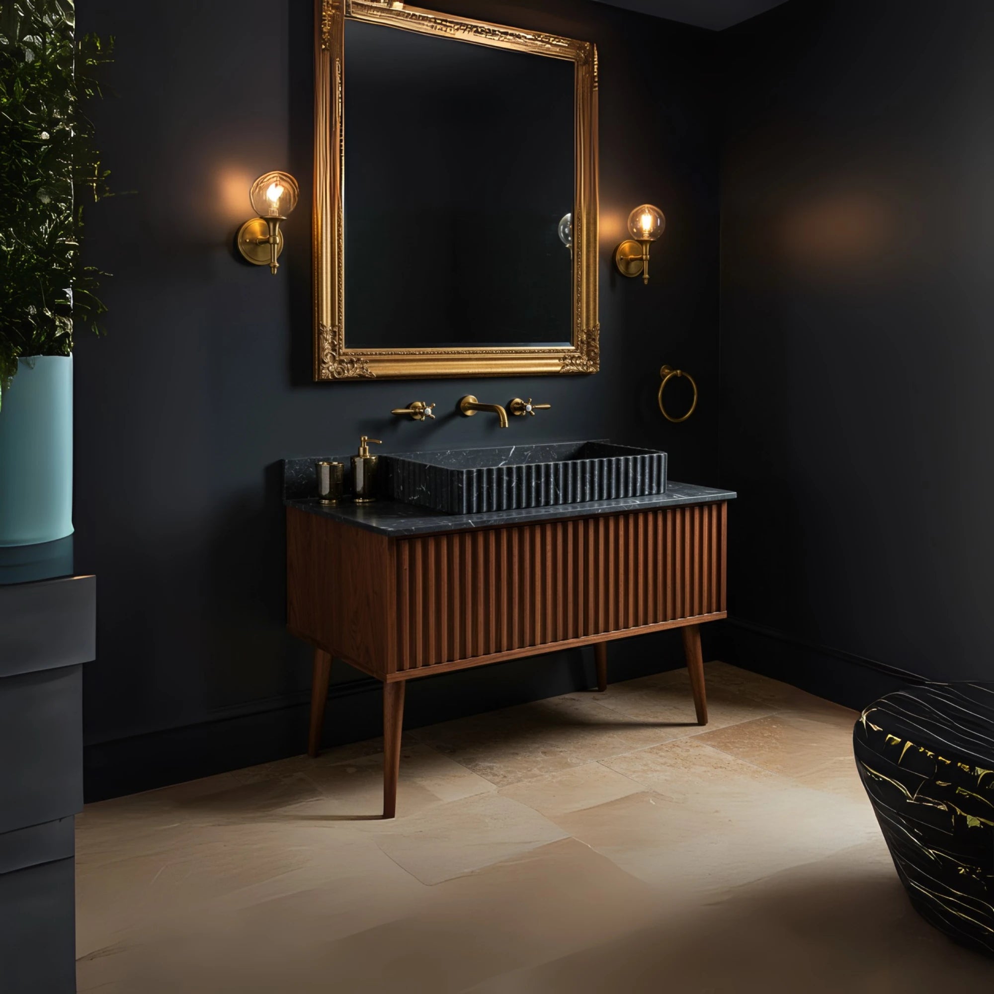 black marble sink cabinet with fluted design