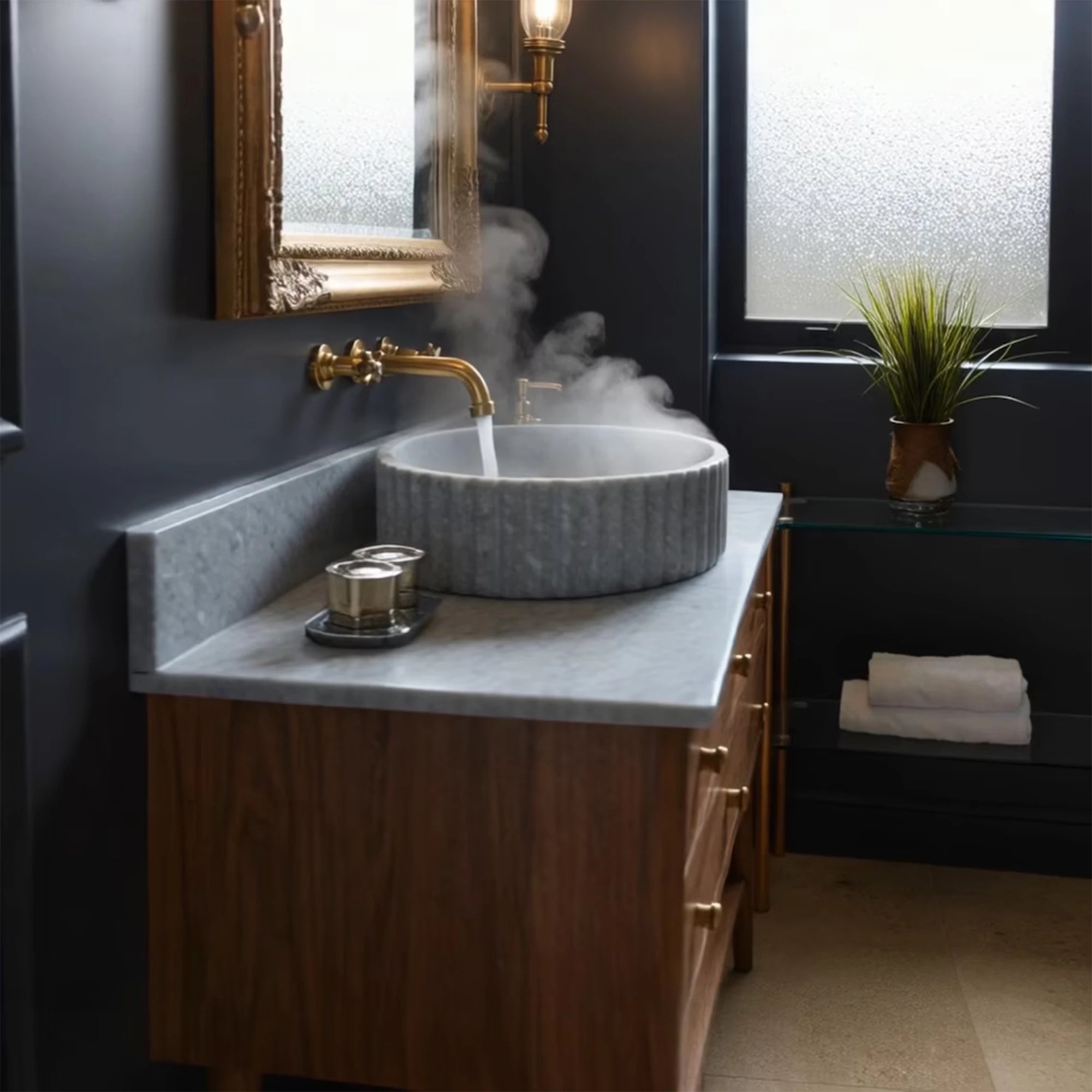 brass fixture fluted marble sink with natural wood base