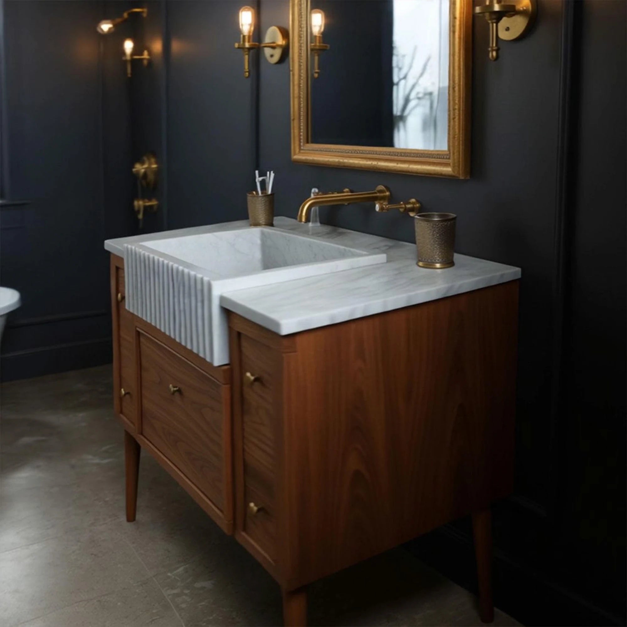 brass fixture marble sink with walnut wood base