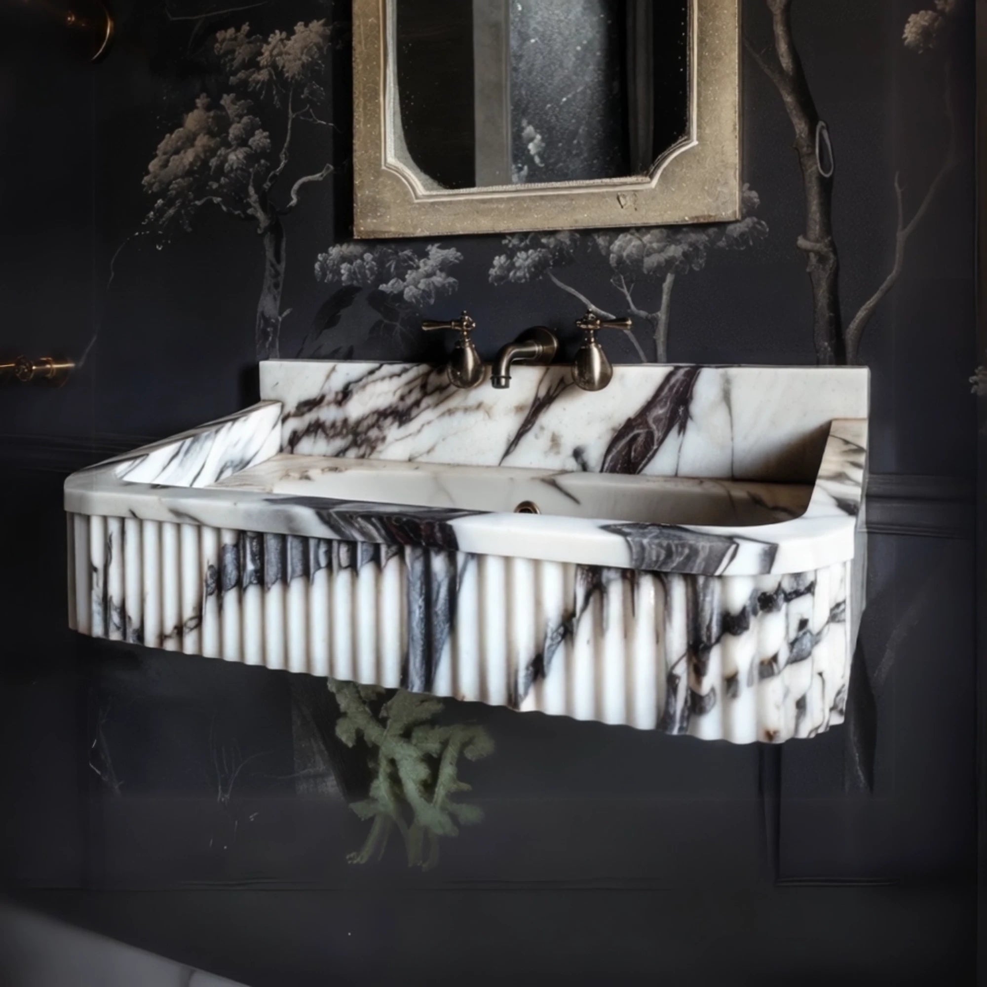 calacatta viola marble sink with carved details