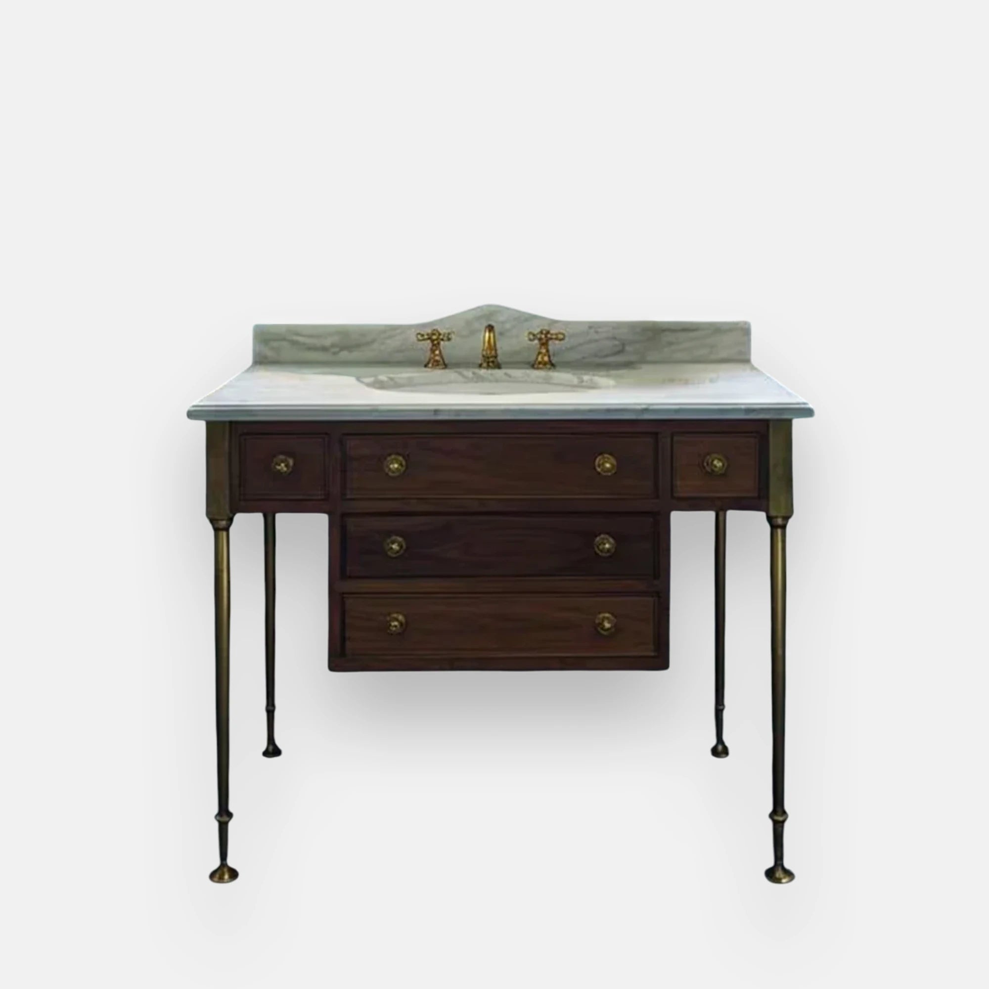 Carrara white marble vanity top sink with subtle gray veining and brass fixtures, offering timeless elegance and natural stone beauty for luxury bathrooms.