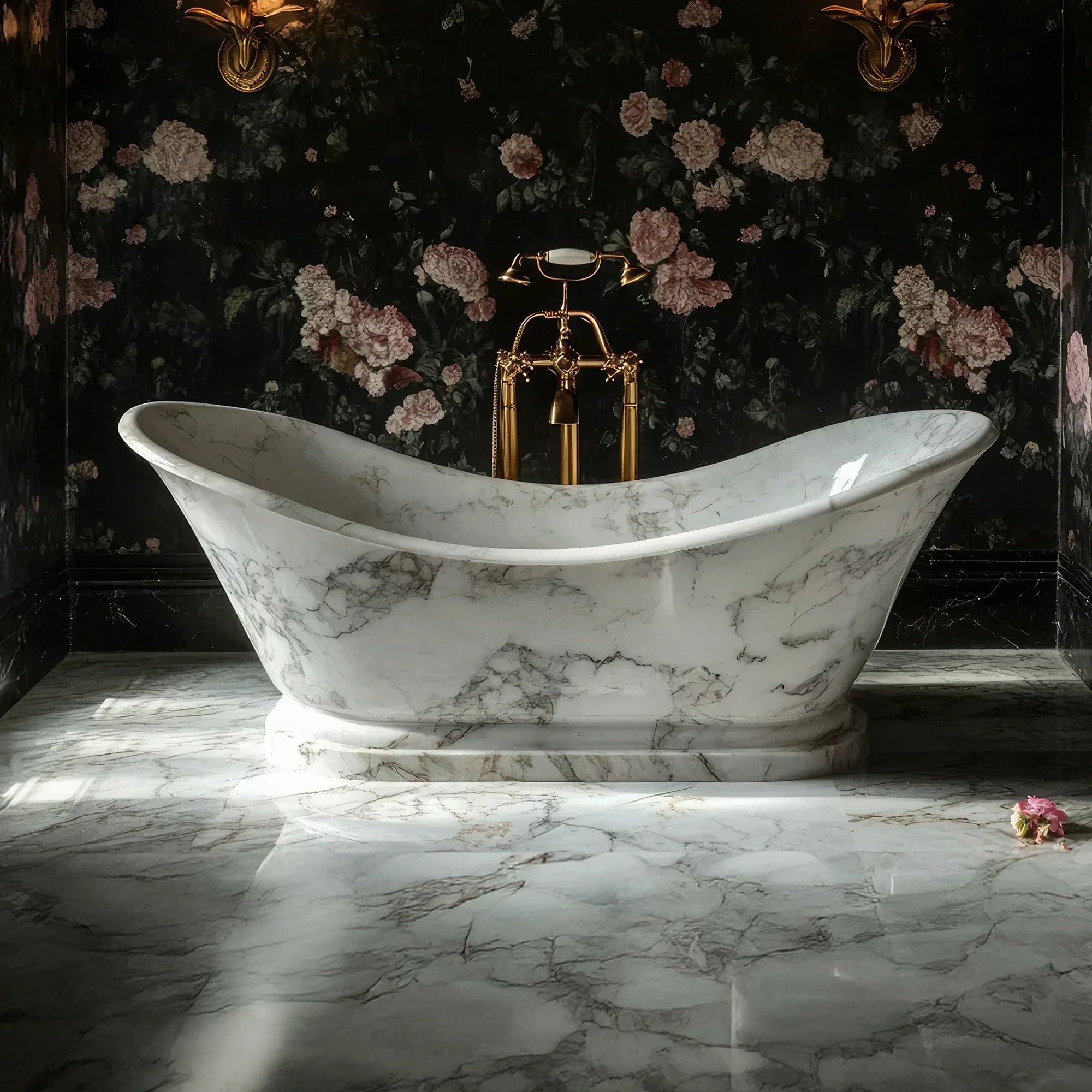 This image displays a classic white marble bathtub with soft gray veining, offering timeless elegance for traditional and modern interiors.