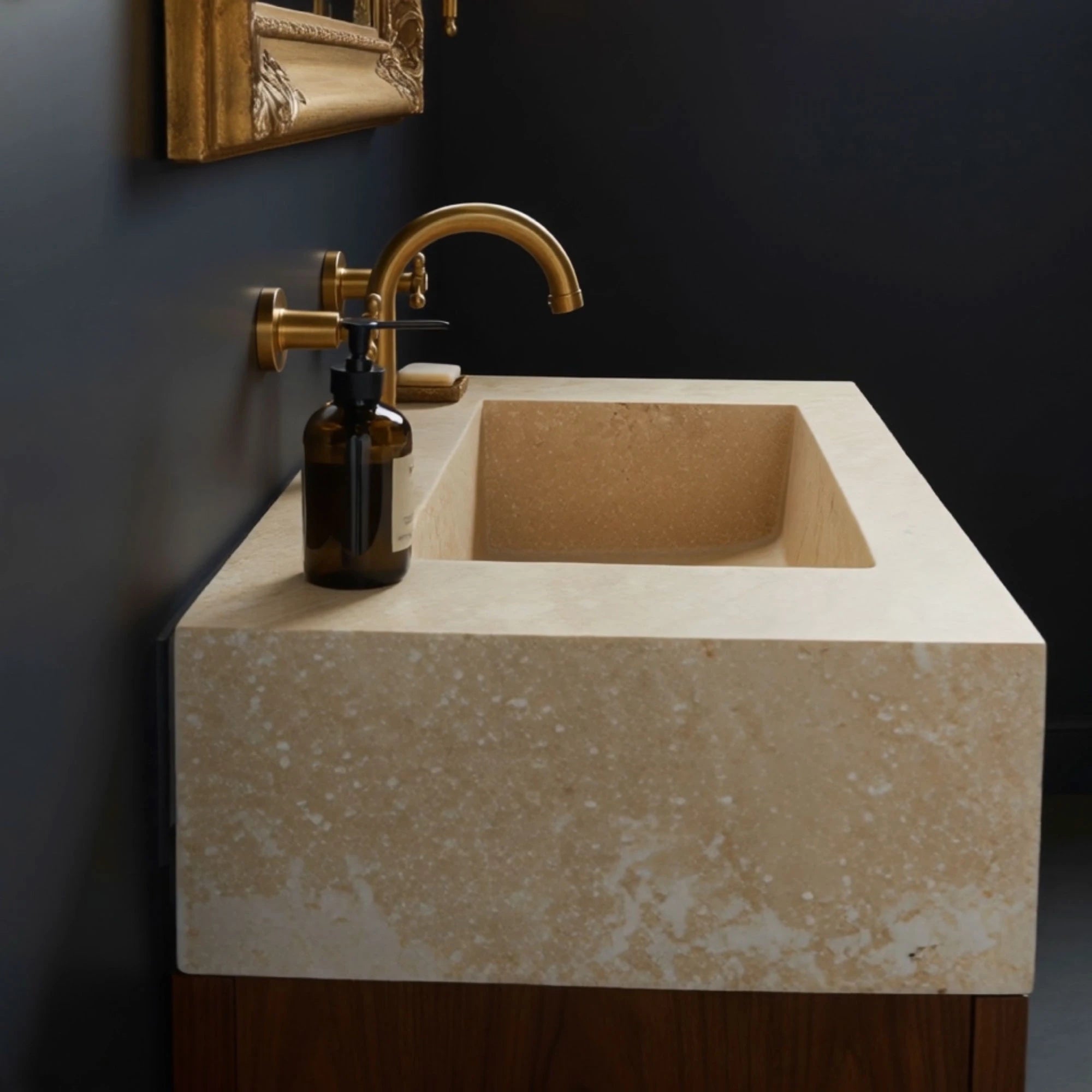 compact fluted travertine sink with single drawer