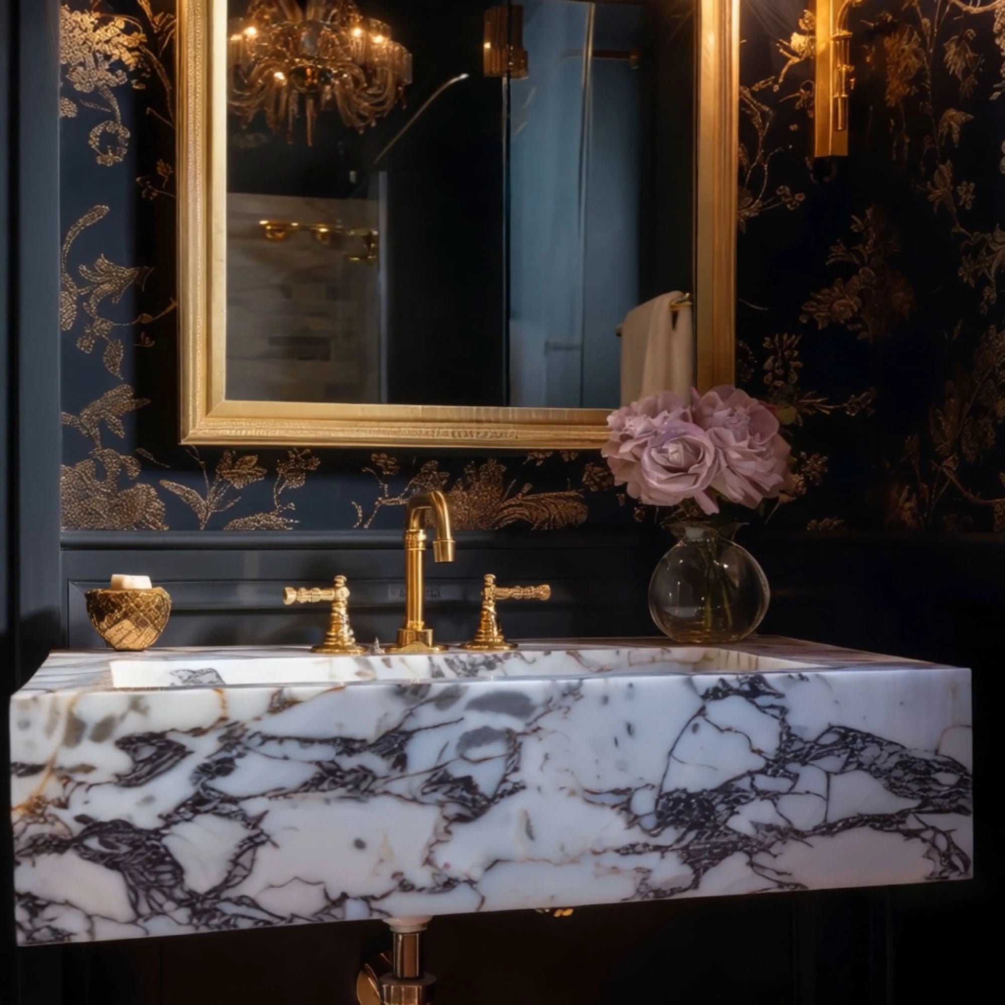 custom stone basin in calacatta viola