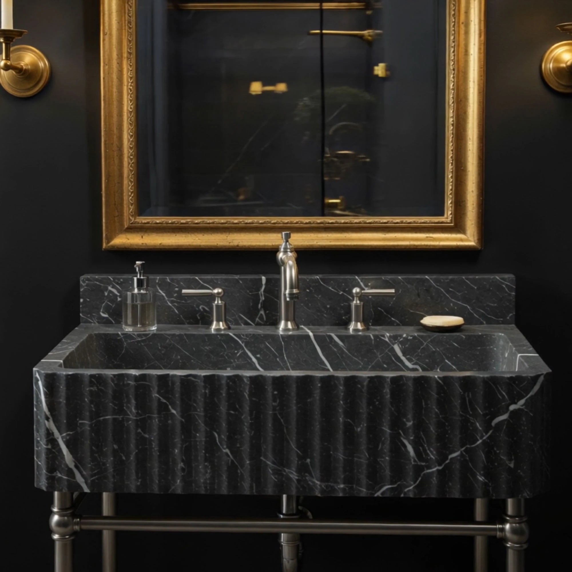dark veined marble sink with fluted exterior