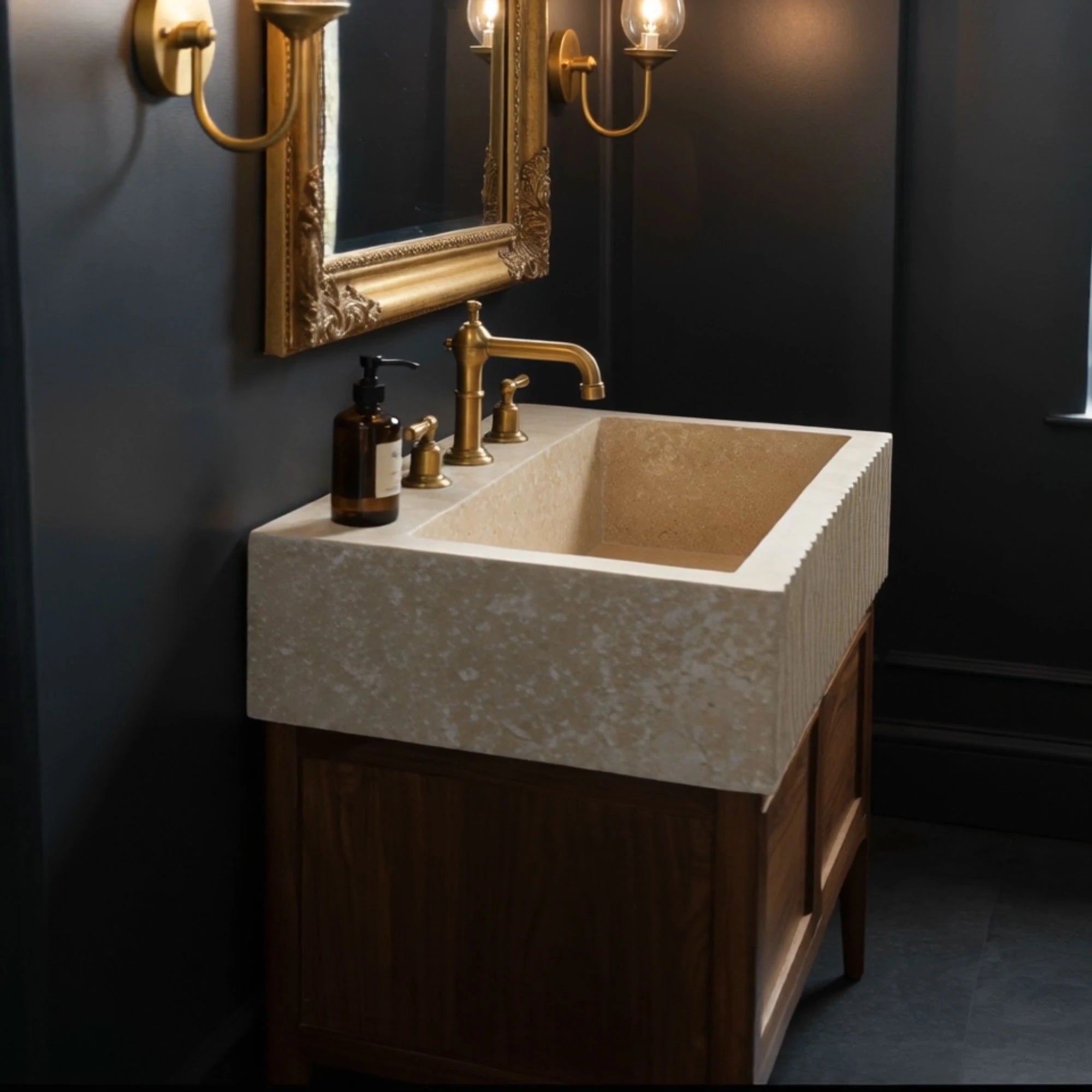 double door fluted travertine sink