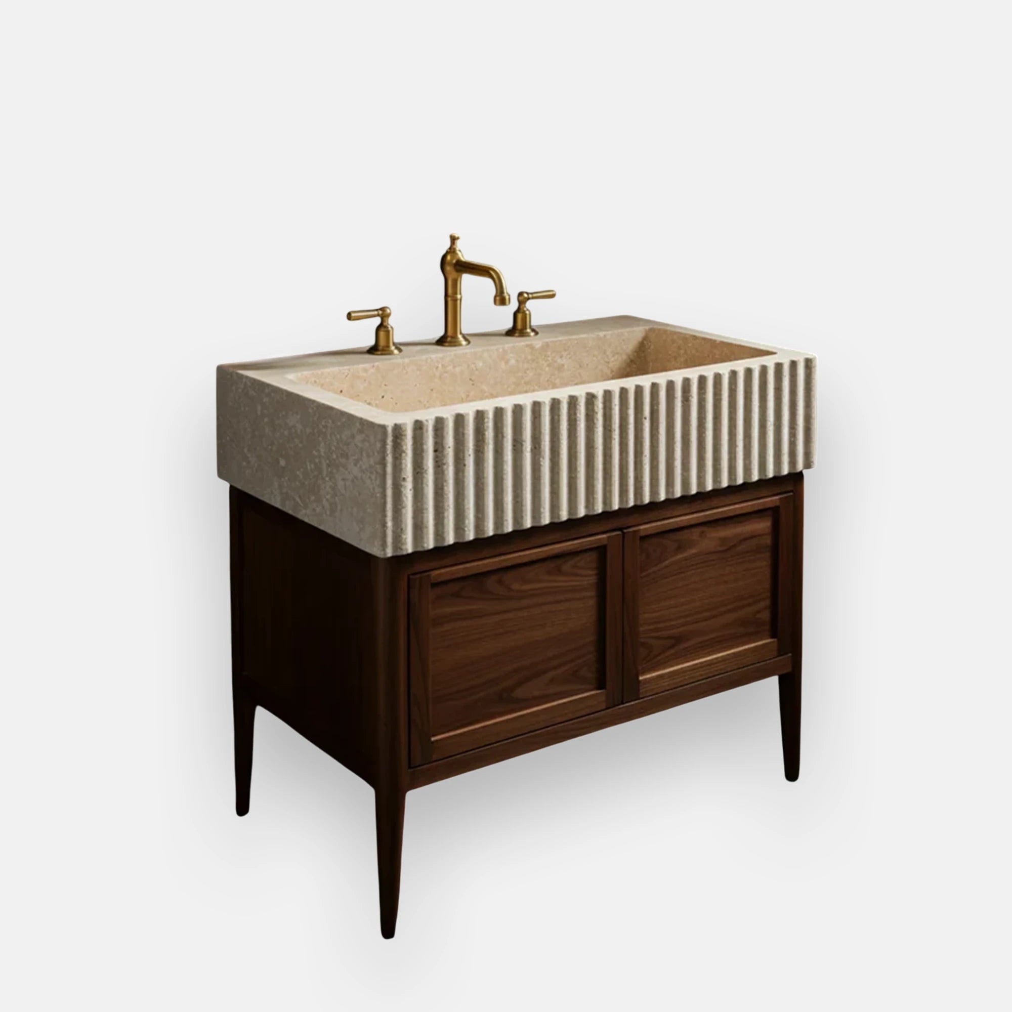 double door vanity with fluted travertine sink