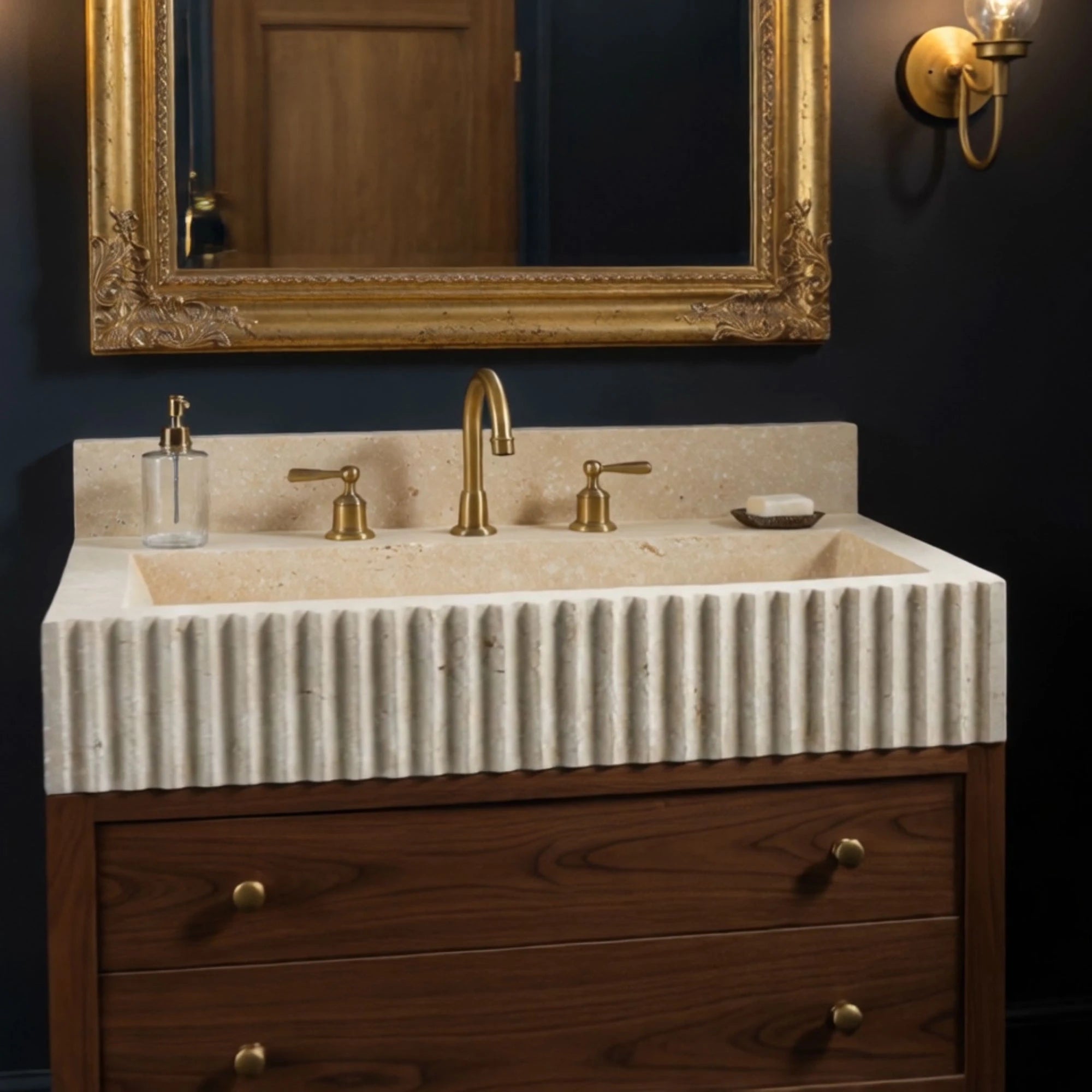 double drawer fluted travertine marble sink