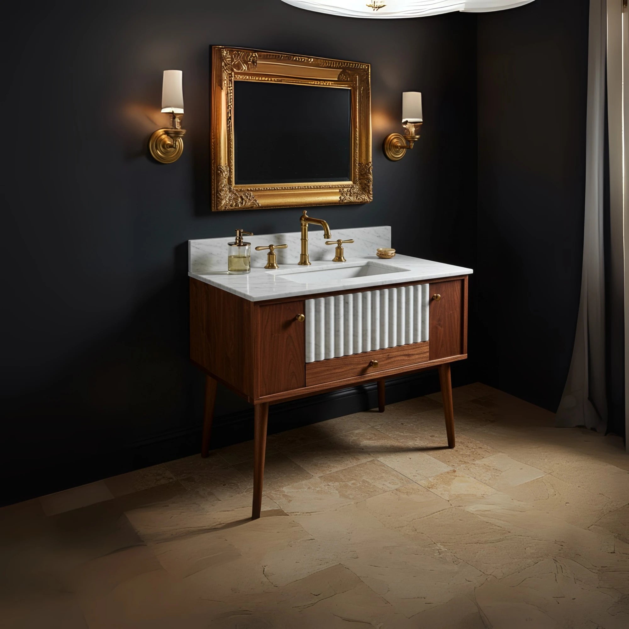 dual material sink with fluted travertine front