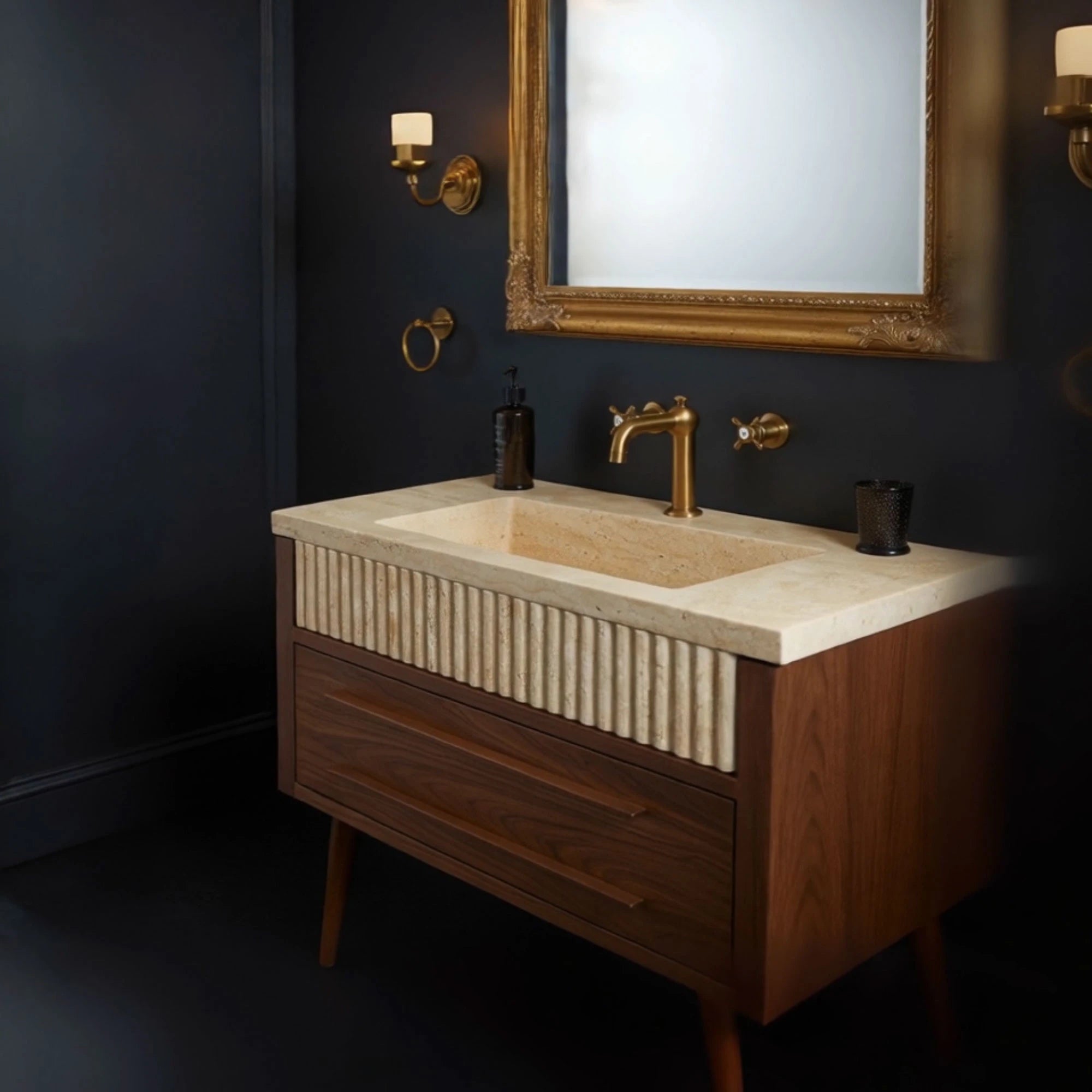 elegant bathroom sink fluted travertine inset style