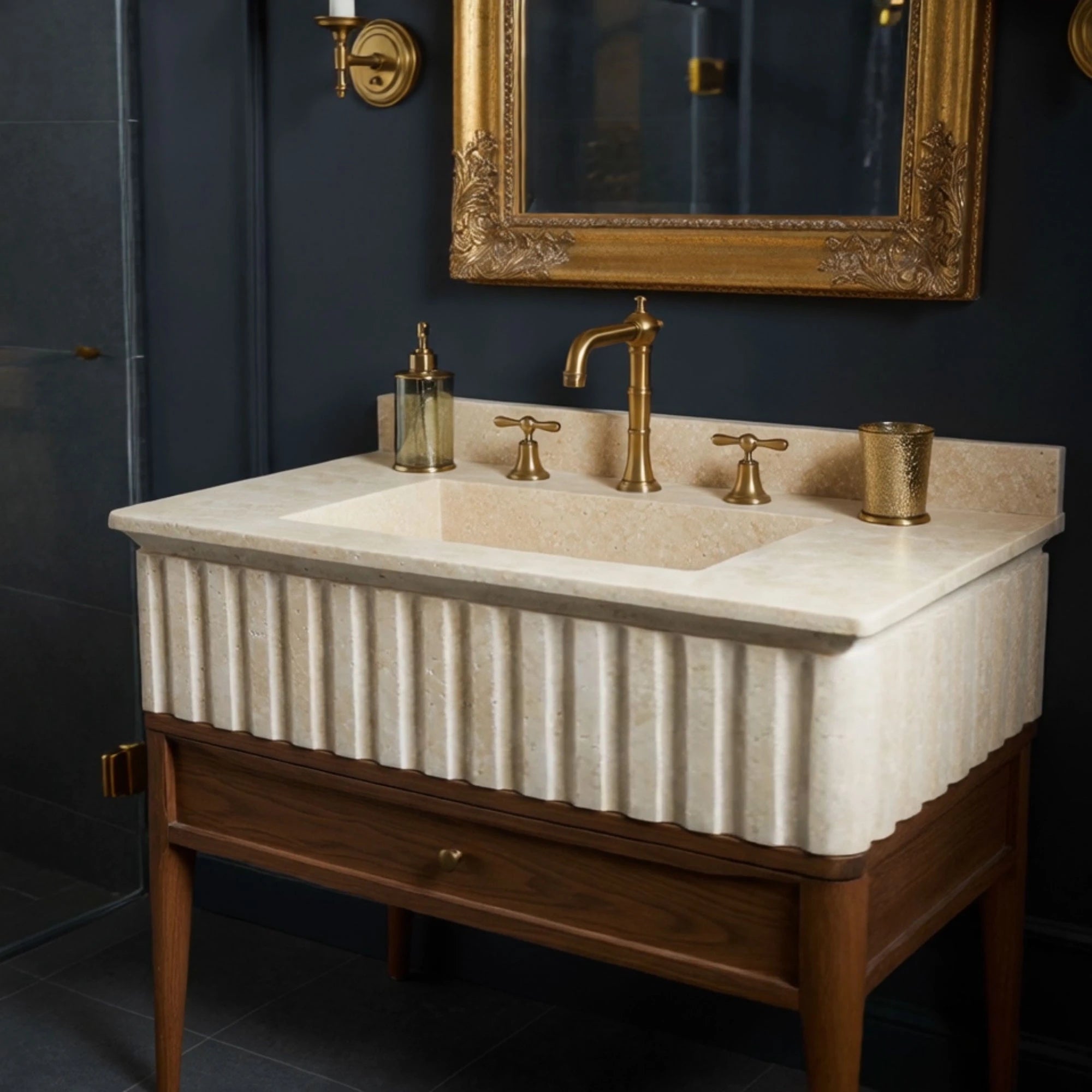 elegant bathroom sink fluted travertine style