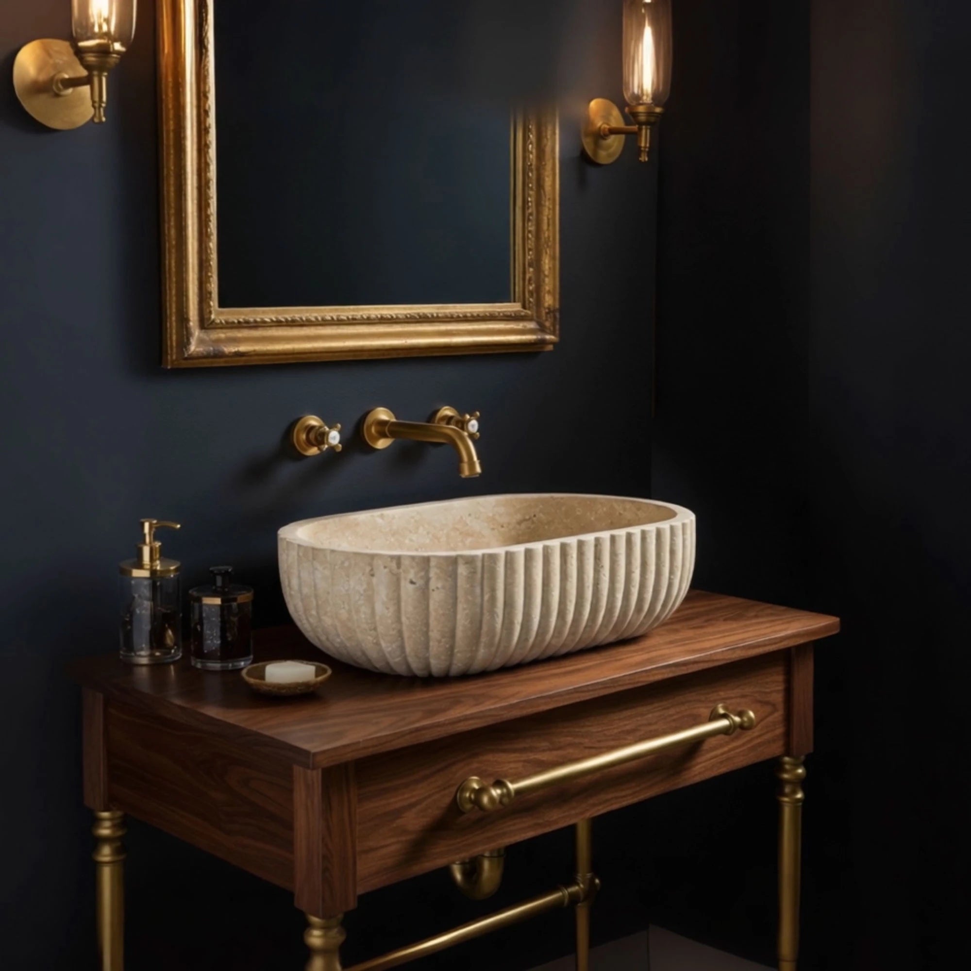 elegant bathroom sink oval fluted travertine design